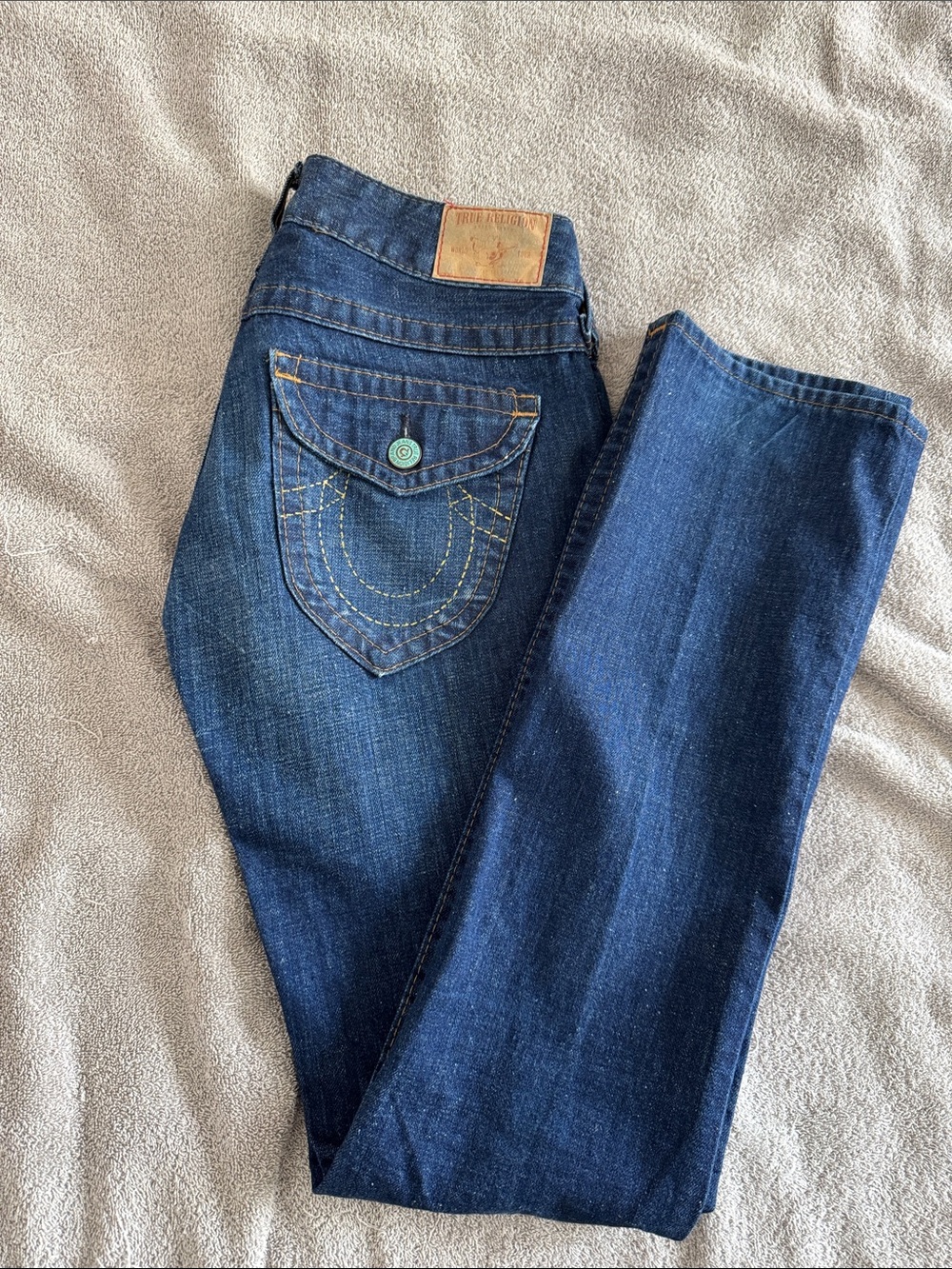 True Religion Women’s Dark Blue Straight Leg Jeans with Signature Flap Pocket